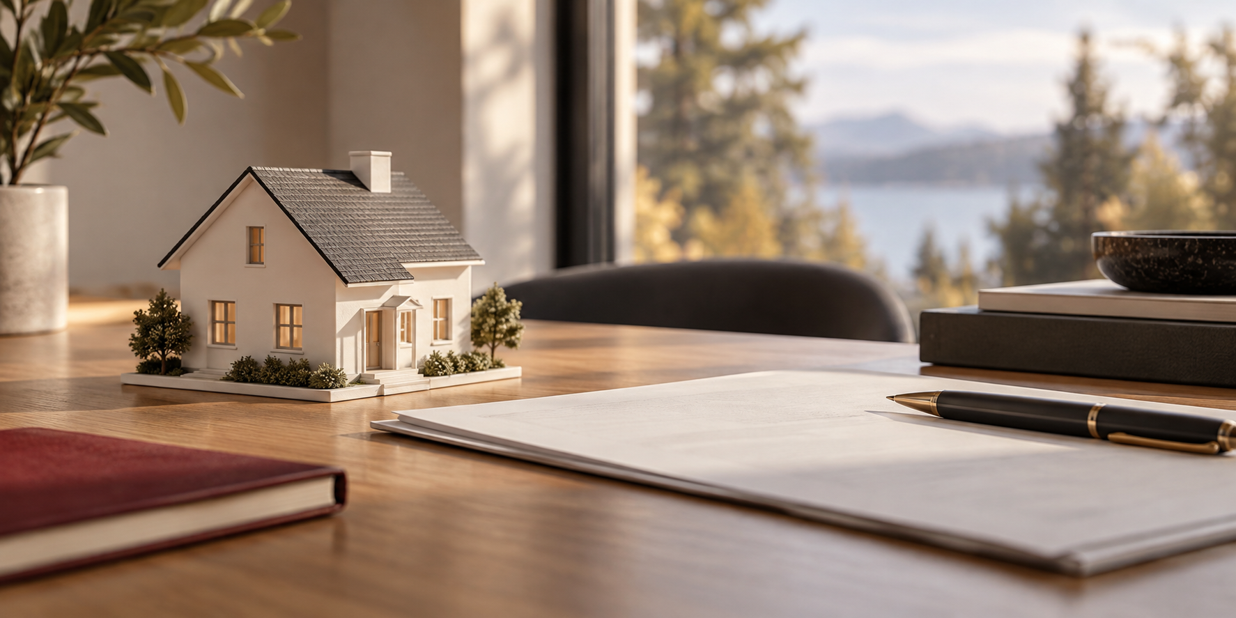 Illustration of a model home, paperwork and a pen on a desk