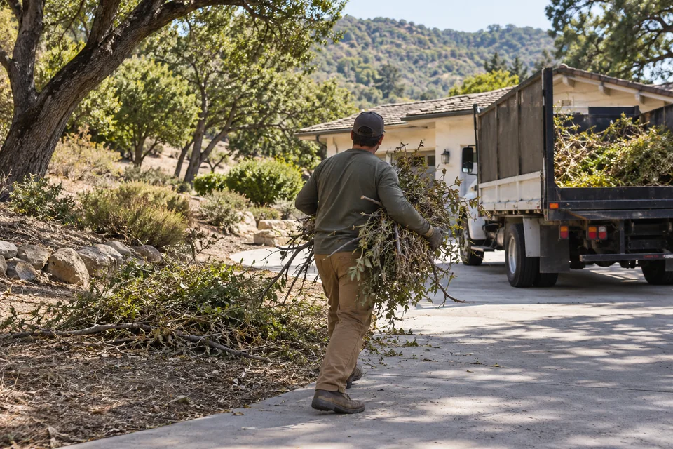 Crew selectively clearing brush around a residential property