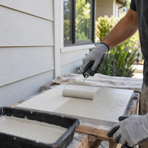 Paint roller and exterior coating supplies beside siding