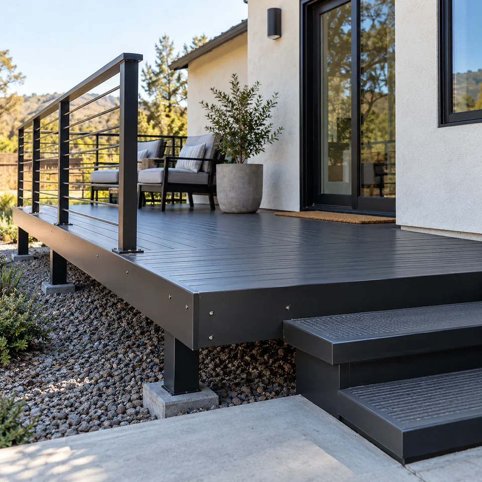 Exterior deck with metal railing and clear space underneath