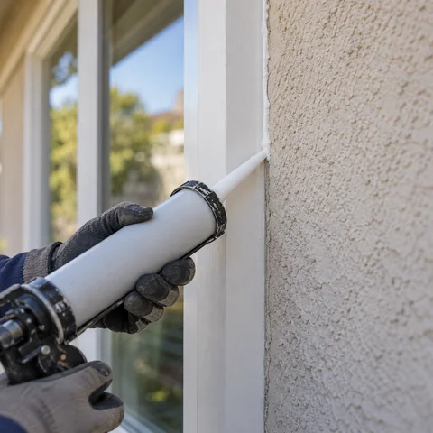 Exterior wall joint being sealed with a caulking gun