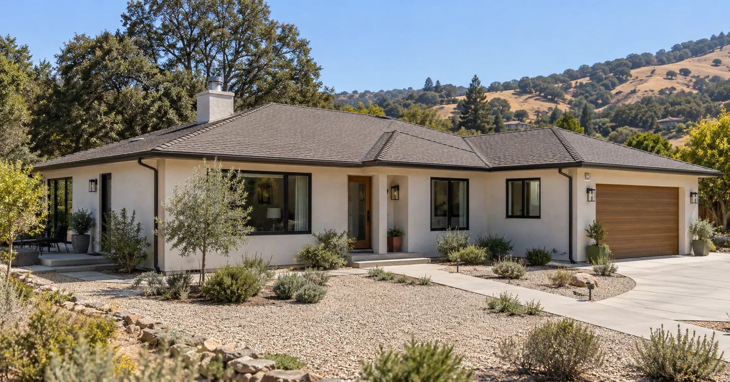 California home with a maintained landscape and exterior hardening details