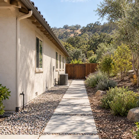 Maintained planting bed and gravel strip beside a home
