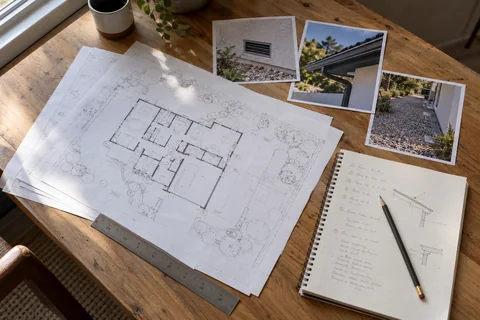 Property plans, notes, and exterior photographs on a table