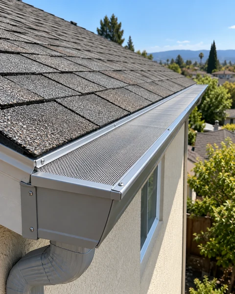 Metal gutter fitted with a stainless-steel micro-mesh cover and metal drip edge
