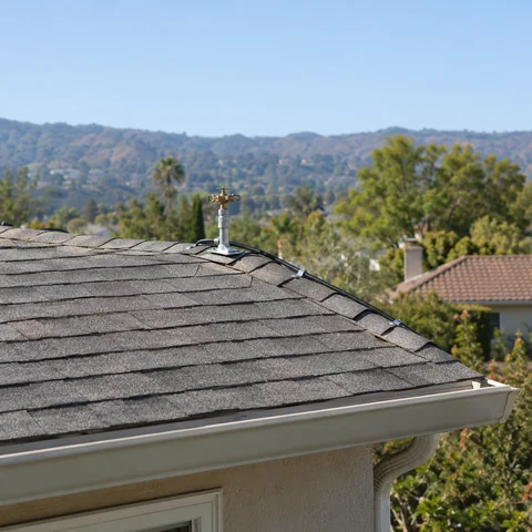 Exterior sprinkler head mounted above a shingle roof