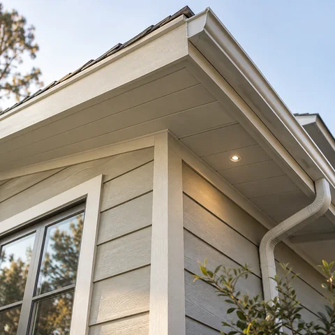 Clean exterior siding and enclosed eave detail