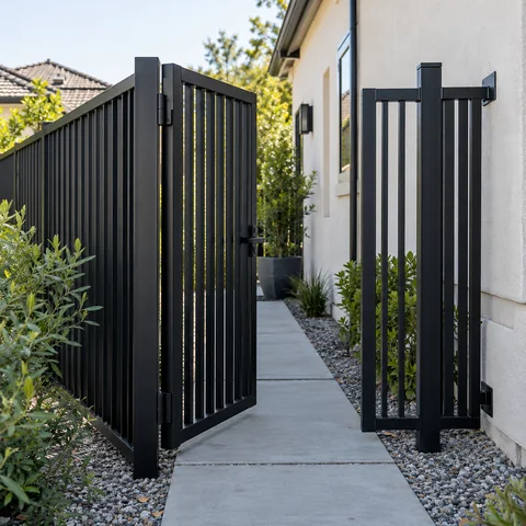 Steel gate and fence beside a home