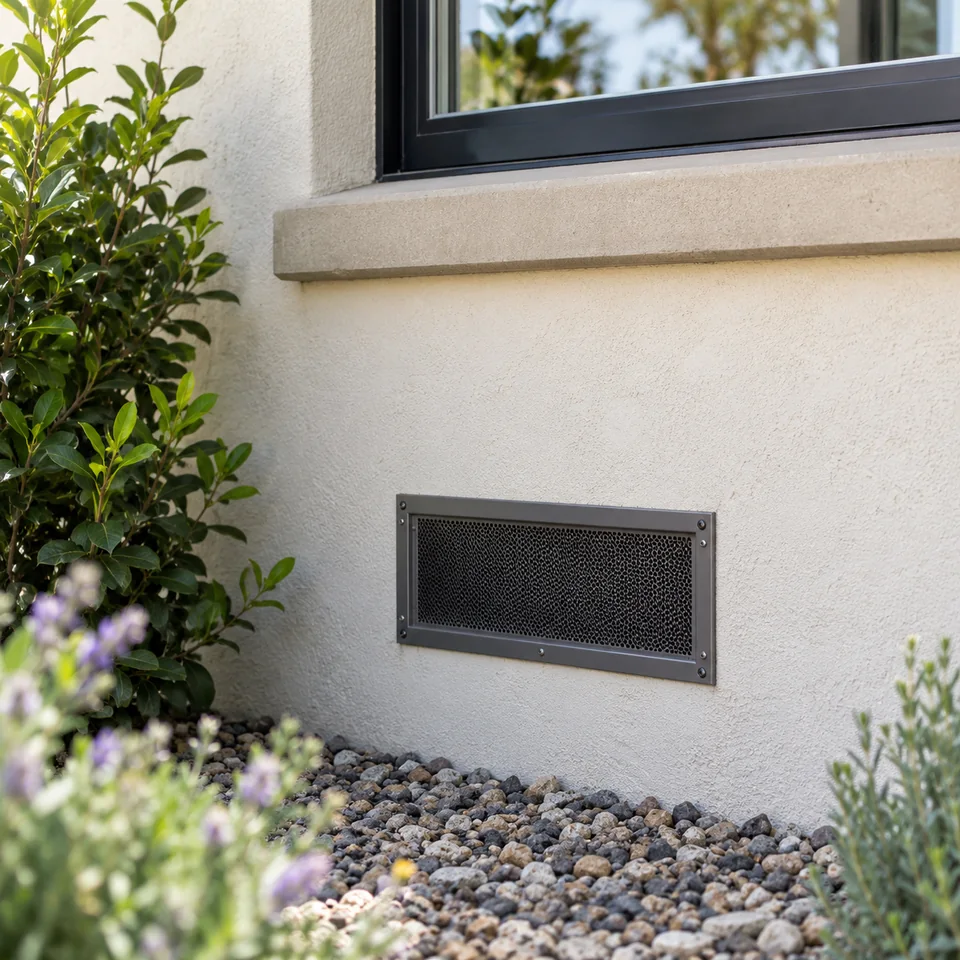 Metal vent grille fitted into an exterior wall