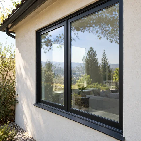 Dark framed window set into a light exterior wall